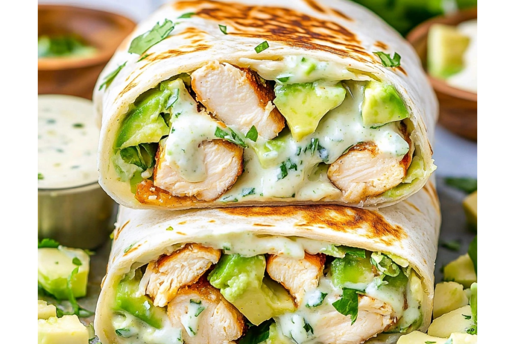 Grilled chicken avocado ranch burrito cut in half, revealing juicy chicken, creamy avocado, and melted cheese inside a toasted tortilla