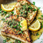 Raw swordfish steaks marinating in lemon juice, garlic, olive oil, and herbs