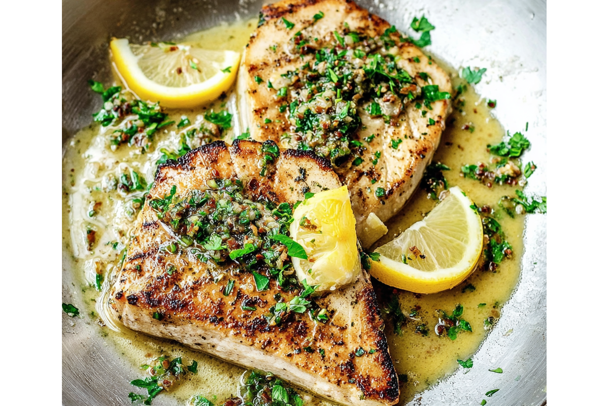 Raw swordfish steaks marinating in lemon juice, garlic, olive oil, and herbs
